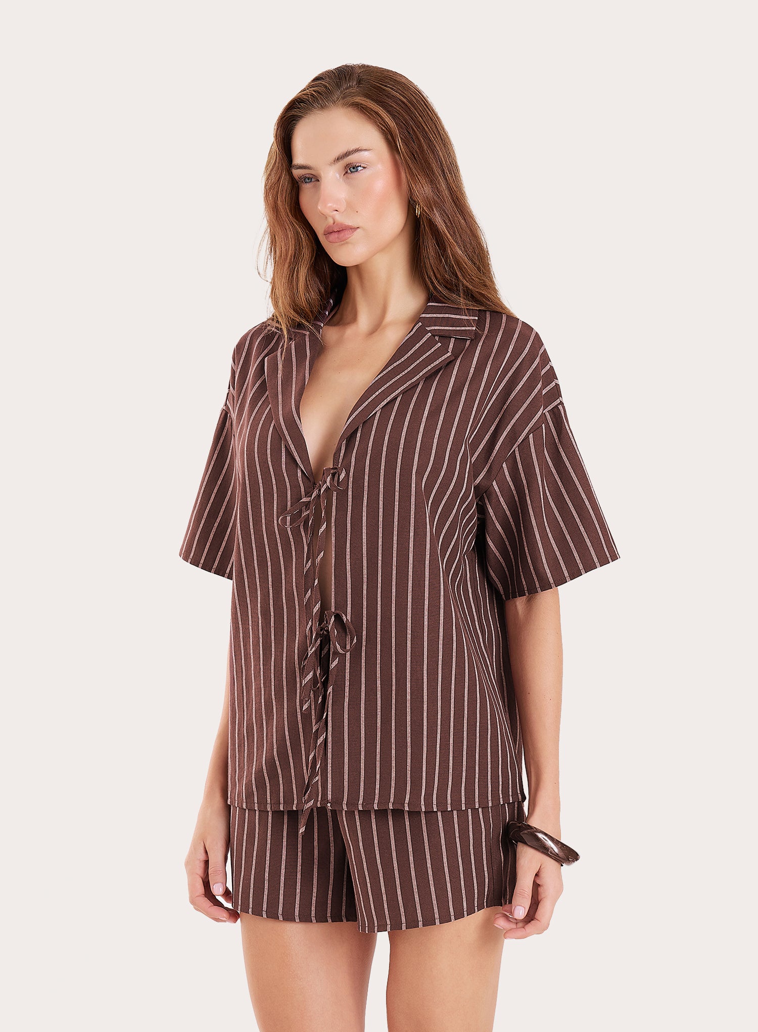 Chocolate Stripe Cotton Tie Front Short Sleeve Shirt